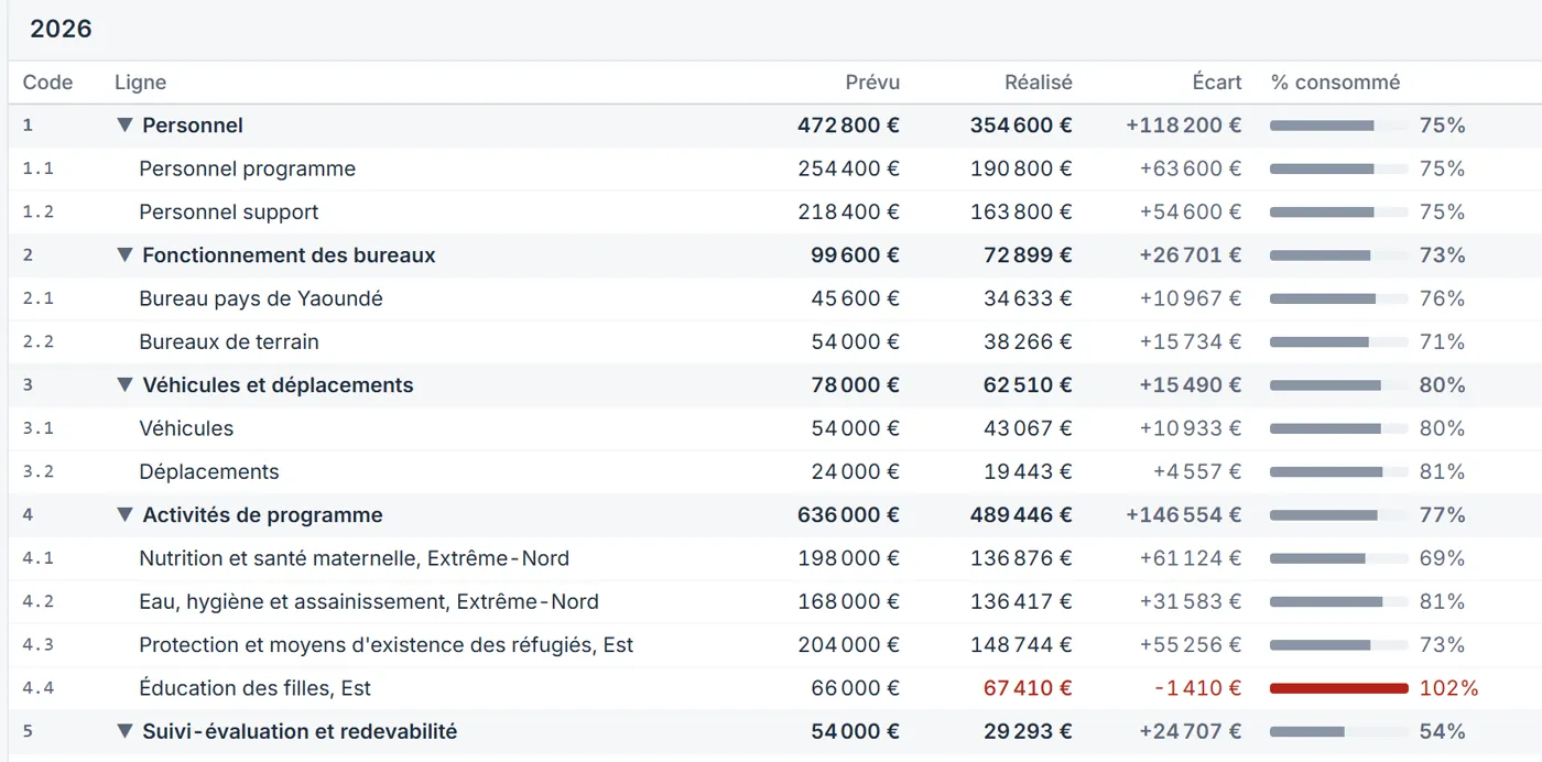 Tableau de suivi budgétaire de DIRA Finance pour une ONG fictive : prévu, réalisé, écart et pourcentage consommé par ligne, la ligne Éducation des filles dépassant son budget à 102 %